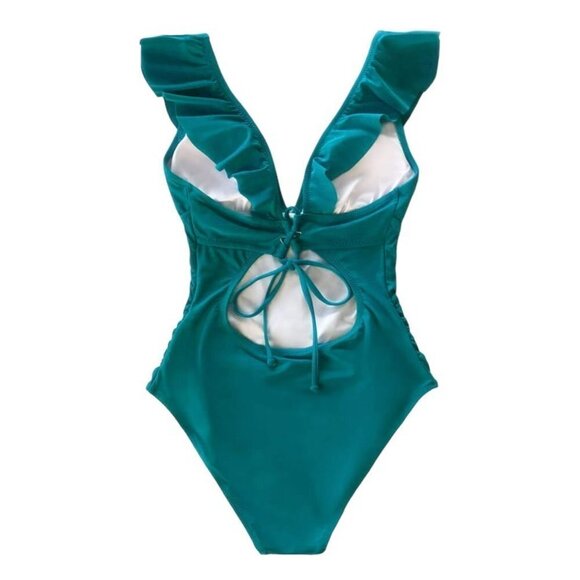 Cupshe Ruffled Neck Deep V Ruched Lace Up One Piece Swimsuit Size XXL Teal Blue - Picture 3 of 8